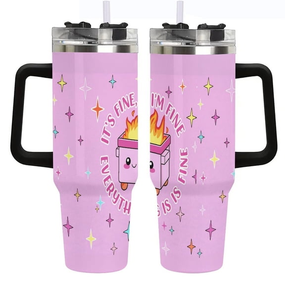 Funny Gifts for Women, 40oz Dumpster Tumbler with Handle, Pink Office Desk Accessories, Birthday Christmas Gifts for Coworkers Friends, It's Fine Everything Is Fine Mug