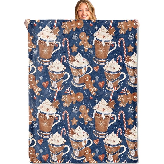 Funny Gingerbread Blue Throw Blanket 40x50in Soft Lightweight Flannel, Food Cocoa Cup Creamy Candy Cane Star Blankets - Gifts for Adult, for Couch Office Travel Home Living Room Christmas Decor