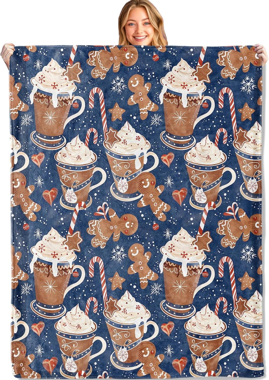 Funny Gingerbread Blue Throw Blanket 50x60in Soft Lightweight Flannel, Food Cocoa Cup Creamy Candy Cane Star Blankets - Gifts for Adult, for Couch Office Travel Home Living Room Christmas Decor