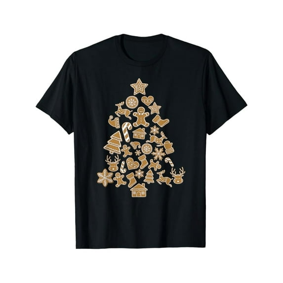 Funny Gingerbread Man Christmas T-Shirt, Graphic Tee, Holiday Top with Gingerbread House, Candy Canes & Snowflakes Print,Retro,cotton,black,S-5XL