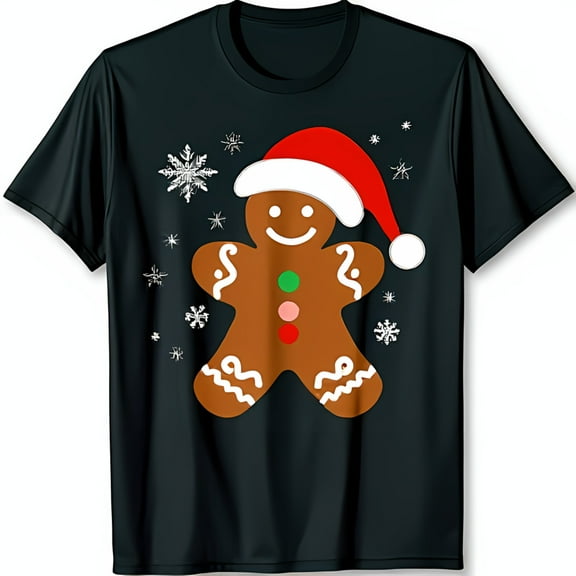 Funny Gingerbread Man Christmas T-Shirt Santa Hat Frosting & Snowflakes Black Holiday Tee