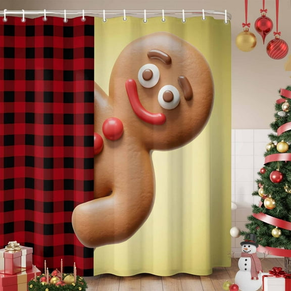 Funny Gingerbread People Shower Curtain, Vintage Red Black Plaid Waterproof Fabric Shower Curtains with 12 Hooks, Bathroom Curtain Set for Bathroom Accessories Decor, 72 x 72 Inches