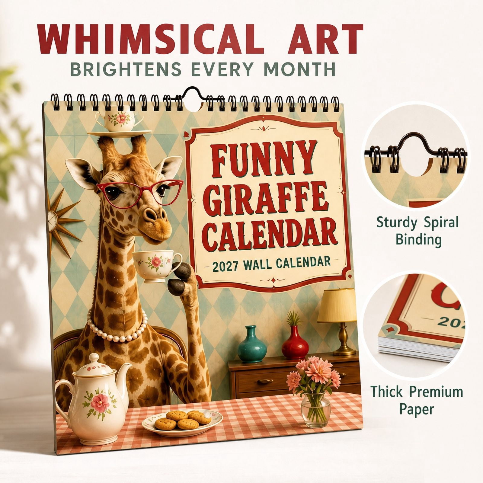 Funny Giraffe 2027 Wall Calendar Spiral Bound Hanging Calendar for Home ...