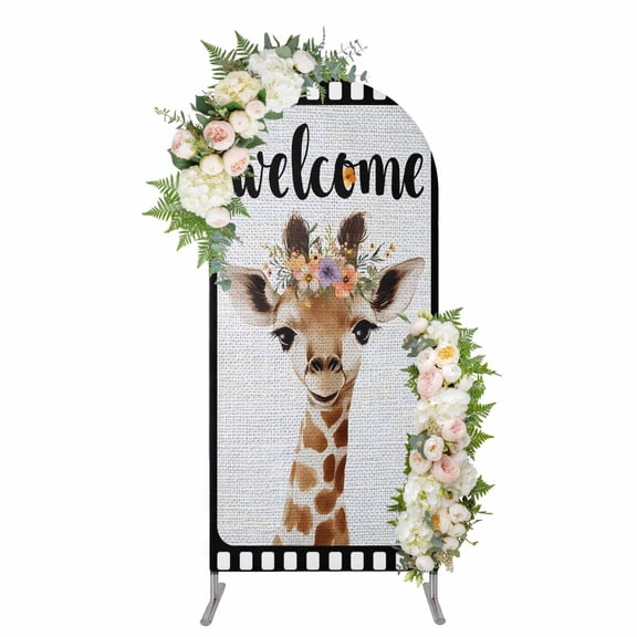 Funny Giraffe Arch Backdrop Cover 4FT, Abstract Animal Wreath Welcome Black Gray Linen Spandex Fitted Stretchy Arch Stand Covers, Round Top Chiara Backdrop Cover for Wedding Party Birthday
