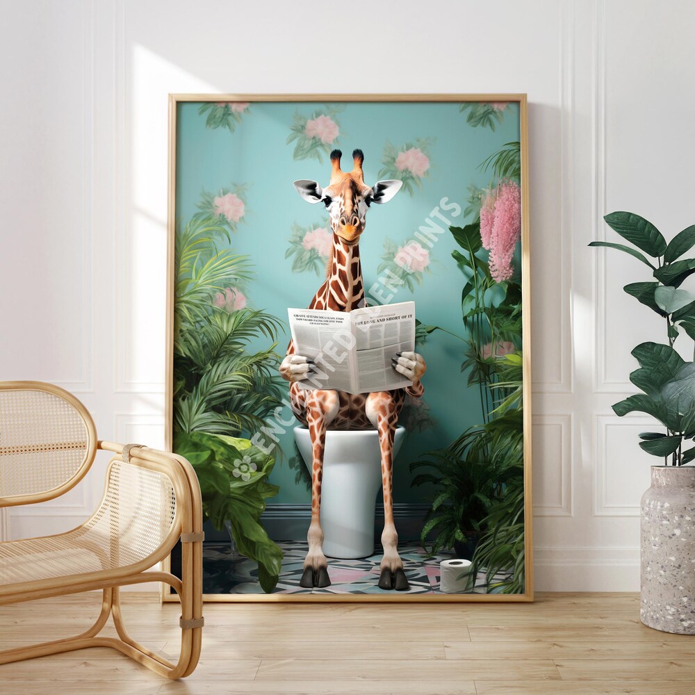 Funny Giraffe Bathroom Poster Print - Vibrant Animal On Toilet Poster ...