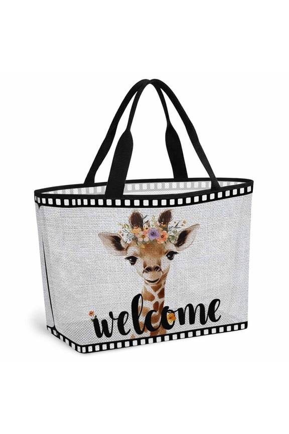 Funny Giraffe Beach Bag for Women, Large Breathable Mesh Beach Tote Bag, Abstract Animal Wreath Welcome Black Gray Linen Sandproof Lightweight Travel Bags for Vacation Picnic Swimming Pool