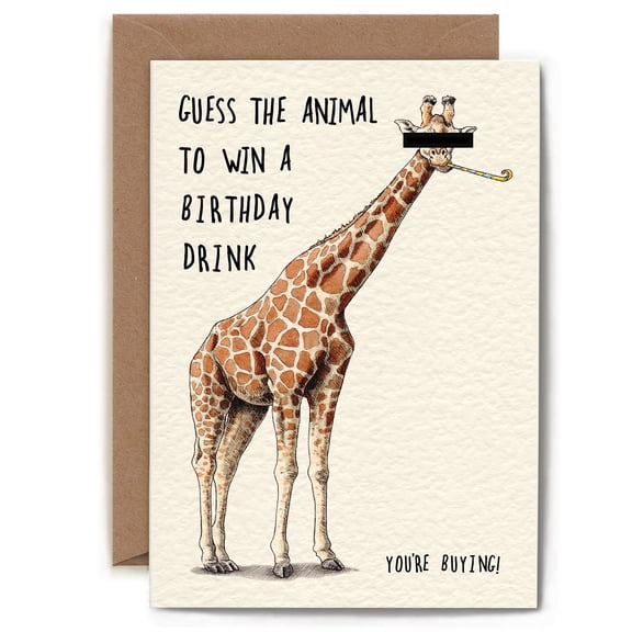 Funny Giraffe Birthday Card  "Guess the Animal to Win a Birthday Drink"  Humorous Greeting Card with Envelope  Perfect for Friends & Family Celebrations