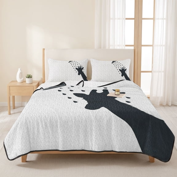 Funny Giraffe Cartoon 3 Pieces Quilt Set,1 Quilt with 2 Shams,Abstract Grey White Animal Shadow Bedspread Soft Lightweight Bedding Coverlet Comforter Set for All Season 96"x106"
