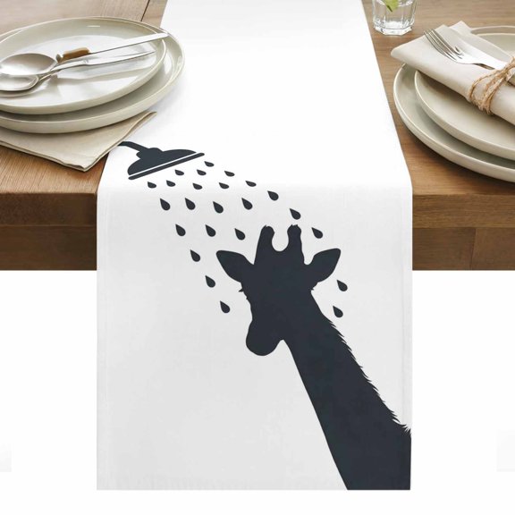 Funny Giraffe Cartoon Table Runner 13x48in Non-Slip Cotton Linen Table Runners, Abstract Grey White Animal Shadow Dresser Scarves TableRunner for Dinner Kitchen Dining Wedding Party