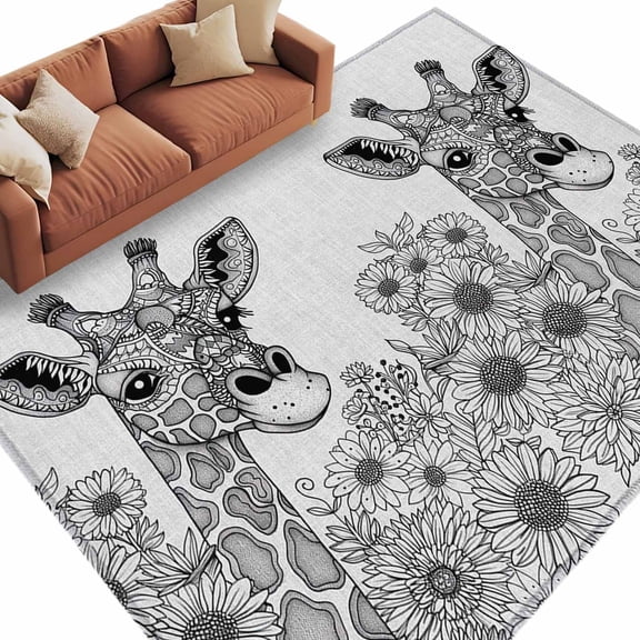 Funny Giraffe Flower Large Area Rugs for Bedroom Living Room, Soft Non Slip Carpet Bedside Rug, Fall Sunflower Aesthetic Autumn Plant Rectangular Floor Cover Kitchen Accent Rug 5'x7' for Office