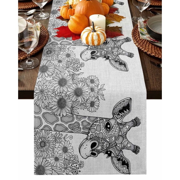 Funny Giraffe Flower Table Runner-Cotton Linen- 108 Inch Holiday Dresser Scarves, Fall Sunflower Aesthetic;Autumn Plant Tablerunner for Kitchen Coffee/Dining Living Room Dinner Scarf Dcor 13x108