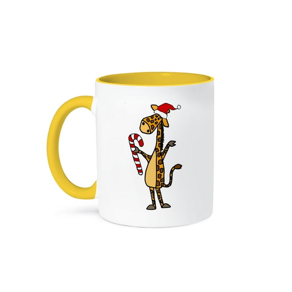 3drose, Funny Giraffe in Santa Hat with Candy Cane Christmas, 11oz Two-tone Yellow Mug