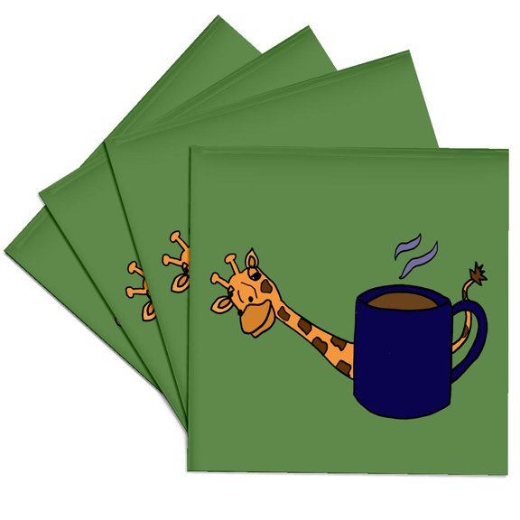 3drose, Funny Giraffe Peaking from Behind Coffee Mug, Set of 4 Ceramic Tile Coasters