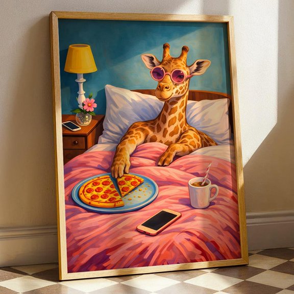 Funny Giraffe Pizza Bedroom Wall Art: Cozy Animal Lover Gift Poster