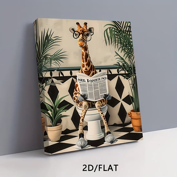 ZB Canvas Funny Giraffe Reading Newspaper on Toilet 1 in x 16 in Framed Canvas Art Prints