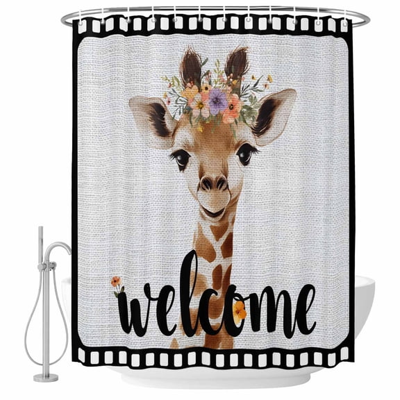 Funny Giraffe Shower Curtain Set - Long 72" x 84" Washable Bathtub Curtain with 12 Hooks, Abstract Animal Wreath Welcome Black Gray Linen Waterproof Fabric Stall Shower Curtains for Bathroom Décor
