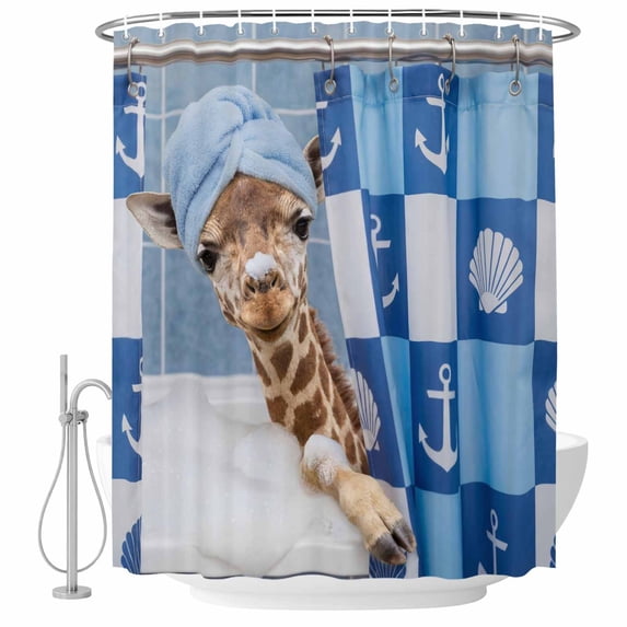 Funny Giraffe Shower Curtain, Waterproof Shower Curtains for Bathroom, Cute Art Modern Lovely Animals on Showering Washable Fabric Bathtub Curtain Set Bath Decor with 12 Hooks 48"x72"