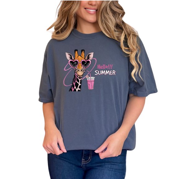 Funny Giraffe With Sunglasses Drinking Pink Lemonade Hello Summer T-Shirt, Summer Vibes Shirt, Cute Animal Graphic Tee, Gift for Her, Denim Comfort Colors T-Shirt, Large