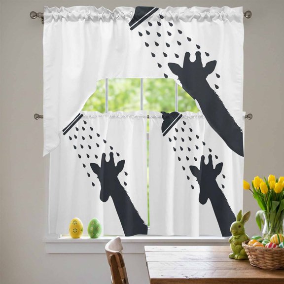 Funny Giraffe Swag Curtains Valance & Tier Set, Giraffe Bathing Shower Animal Silhouette 3 Pcs Set Kitchen Swag Valances and Tiers 36 Inch Length Rod Pocket Curtain Drapes for Bedroom