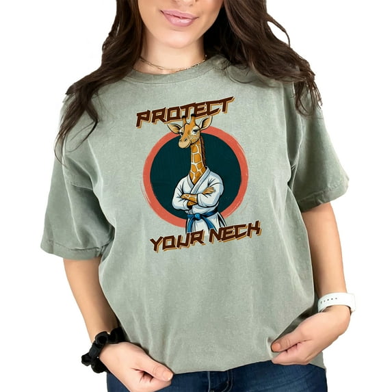 Funny Giraffe T-Shirt, Protect Your Neck Tee, Animal Cartoon Tee, Unique Martial Arts Shirt, Gift for Giraffe Lovers, Cute Karate Giraffe, Moss Comfort Colors T-Shirt, Small