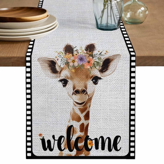 Funny Giraffe Table Runner, Abstract Animal Wreath Welcome Black Gray Linen Washable Cotton Linen Table Runners 36 Inches Long, Dresser Scarf Runner for Nightstand/End Tables/Round Tables 13''x36''