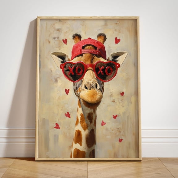 Funny Giraffe Valentines Art Print, Romantic Love XOXO Poster, Animal Hearts Painting Poster Unframed Paper Print