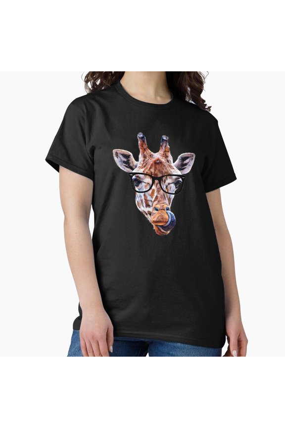 Funny Giraffe Wearing Glasses Licking Nose T-Shirt - Cute Animal Lover Gift H1550, for Unisex, Up to Size 5XL