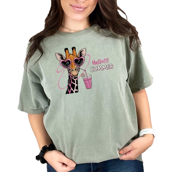 Funny Giraffe With Sunglasses Drinking Pink Lemonade Hello Summer T-Shirt, Summer Vibes Shirt, Cute Animal Graphic Tee, Gift for Her, Moss Comfort Colors T-Shirt, Large