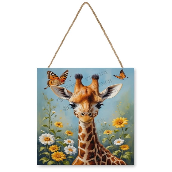 Funny Giraffe with Flowers Wooden Hanging Sign 12"x12" - Cheerful Decor for Nurseries, Perfect for Adding Whimsy to Any Room