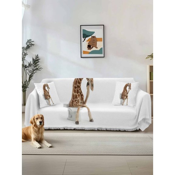 Funny Giraffes Couch Cover, Cute Art Fun Lovely Animals on Toilets Sofa Cover Blanket for 1 Seat Cushion, Sectional Sofa Slipcover Furniture Protector for Living Room Bedroom 71''x91''