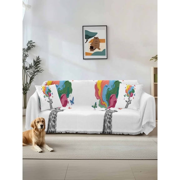 Funny Giraffes Couch Cover, Modern Abstract Art Colorful Clouds Sofa Cover Blanket for 1 Seat Cushion, Sectional Sofa Slipcover Furniture Protector for Living Room Bedroom 71''x91''