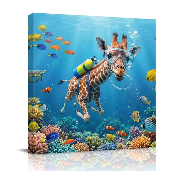 Funny Giraffes Diving Canvas Wall Art for Living Room, Seafloor Corals Fish Oceans Modern Poster Print Painting for Bedroom Office Home Decoration Wall Pictures Prepare To Hang 8"x8"