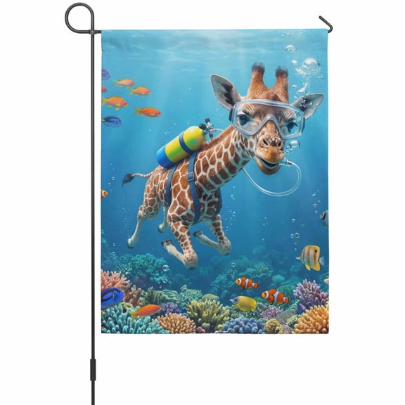 Funny Giraffes Diving Garden Flag 12 x 18 Inches, Seafloor Corals Fish Oceans Modern Weather Proof Outdoor Patio Flags Double Sided Small Garden Decoration for Yard Outside Home