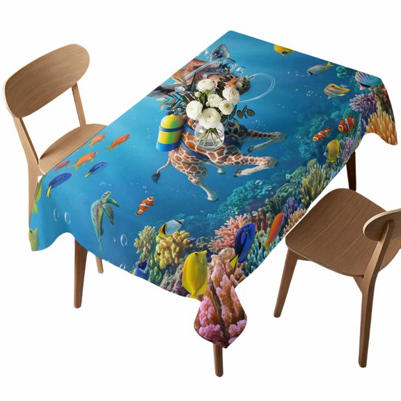 Funny Giraffes Diving Rectangle Tablecloth Seafloor Corals Fish Oceans Modern Waterproof Wrinkle Free Soft Table Cloth Spill-Proof Washable Table Cover for Dining Party Picnic 60 x 102 Inch