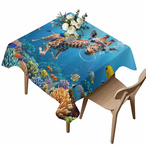 Funny Giraffes Diving Square Tablecloth Seafloor Corals Fish Oceans Modern Waterproof Wrinkle Free Soft Table Cloth Spill-Proof Washable Table Cover for Dining Party Picnic 54 x 54 Inch