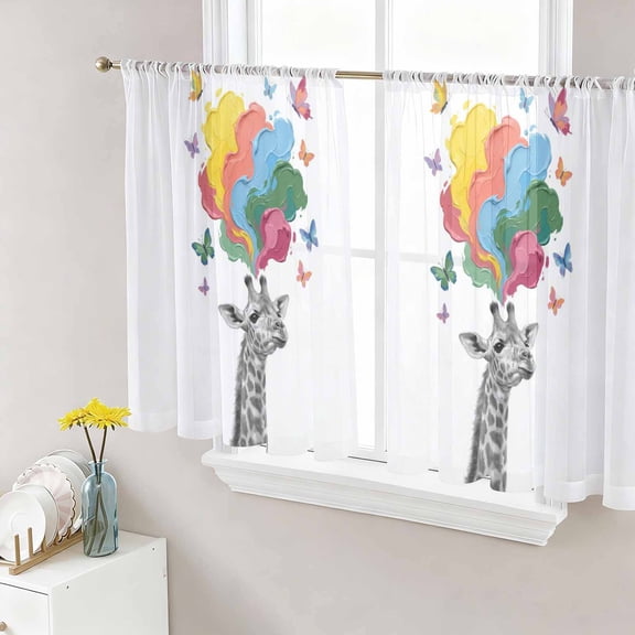 Funny Giraffes Sheer Curtains 45 Inch Length 2 Panels Set Window Treatments, Modern Abstract Art Colorful Clouds Rod Pocket Semi Curtains for Living Room/Bedroom/Kitchen Décor, 104"W x 45"L