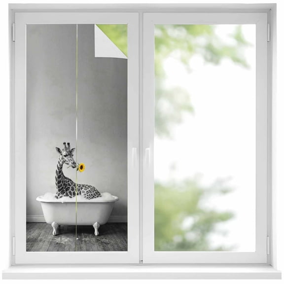 Funny Giraffes Window Privacy Film, Cute Art Vintage Lovely Animals on Bathtub Static Cling UV Sun Blocking Heat Control Window Tint Day and Night, Non-Adhesive One Way Privacy Cover 19.6''x39.3''