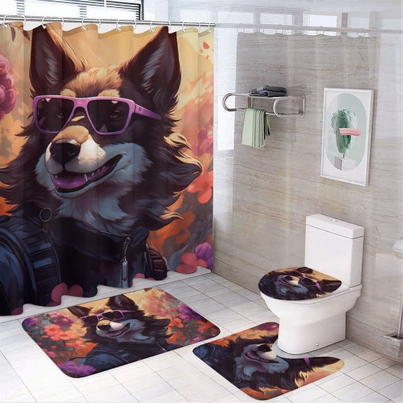 Funny Glasses Wolf 4 Piece Shower Curtain Sets, with Non-Slip Rugs, Toilet Lid Cover And Bath Mat, for Bathroom Decor Set