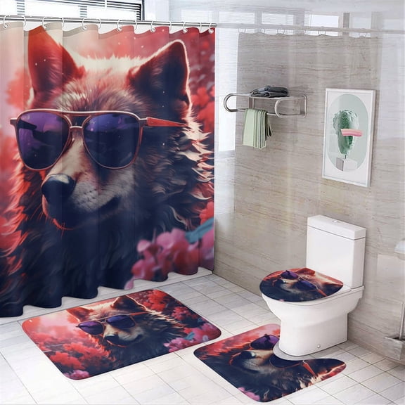 Funny Glasses Wolf 4 Piece Shower Curtain Sets, with Non-Slip Rugs, Toilet Lid Cover And Bath Mat, for Bathroom Decor Set