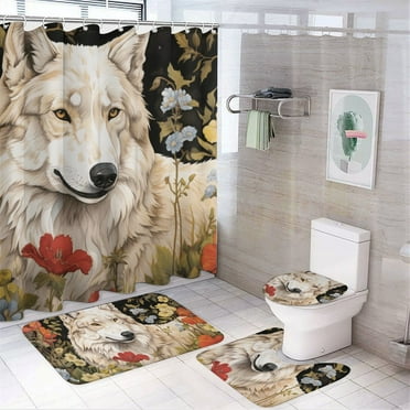 Funny Glasses Wolf 4 Piece Shower Curtain Sets, with Non-Slip Rugs, Toilet Lid Cover And Bath Mat, for Bathroom Decor Set
