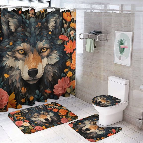 Funny Glasses Wolf Bathroom Sets with Shower Curtain And Rugs, Incl with 12 Hooks，Toilet Lid Oval Rug