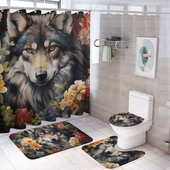 Funny Glasses Wolf Bathroom Sets with Shower Curtain And Rugs, Incl with 12 Hooks，Toilet Lid Oval Rug