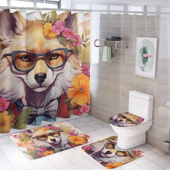 Funny Glasses Wolf Bathroom Sets with Shower Curtain And Rugs, Incl with 12 Hooks，Toilet Lid Oval Rug
