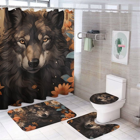 Funny Glasses Wolf Bathroom Sets with Shower Curtain And Rugs, Incl with 12 Hooks，Toilet Lid Oval Rug