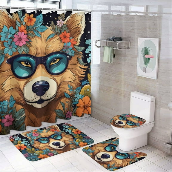Funny Glasses Wolf Bathroom Sets with Shower Curtain And Rugs, Incl with 12 Hooks，Toilet Lid Oval Rug