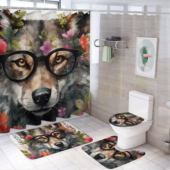 Funny Glasses Wolf Bathroom Sets with Shower Curtain And Rugs, Incl with 12 Hooks，Toilet Lid Oval Rug