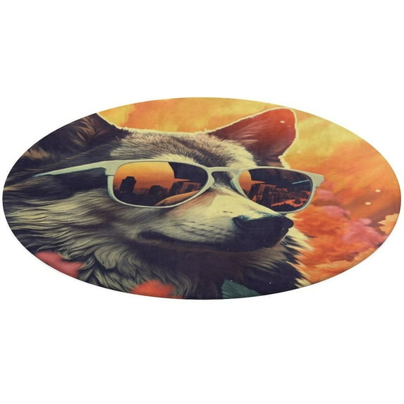 Funny Glasses Wolf Floral Medallion Round Rug - Small Round Area Rug, Soft Non-Slip Machine Washable Bedroom Mat Indoor Accent Entry Carpet for Office Desk Dorm Hallway