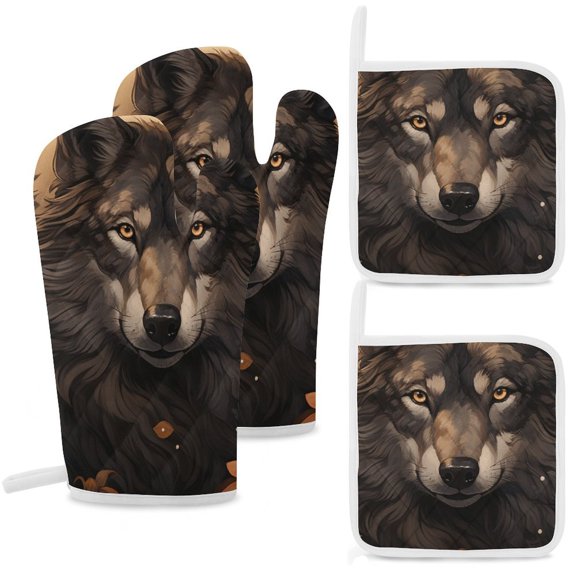Funny Glasses Wolf Oven And Pot Holders Sets, Heat Resistant Pads Kitchen Decor for Cooking Baking BBQ Grilling, Christmas Kitchen Gifts