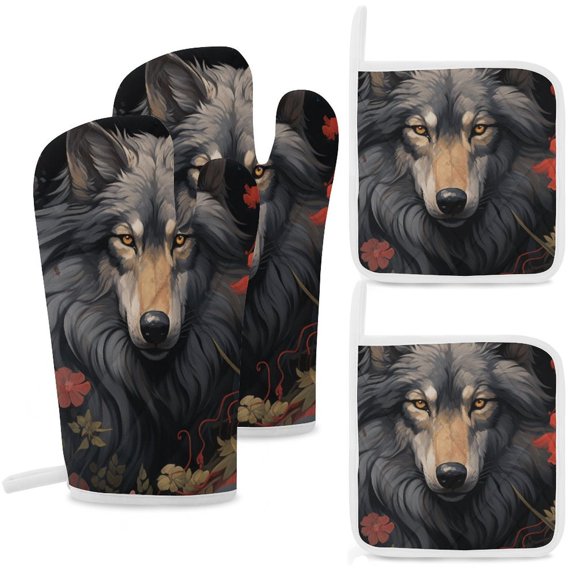 Funny Glasses Wolf Oven Mitt And Pot Holder Set Oven Glove for Kitchen Baking Cooking Grilling