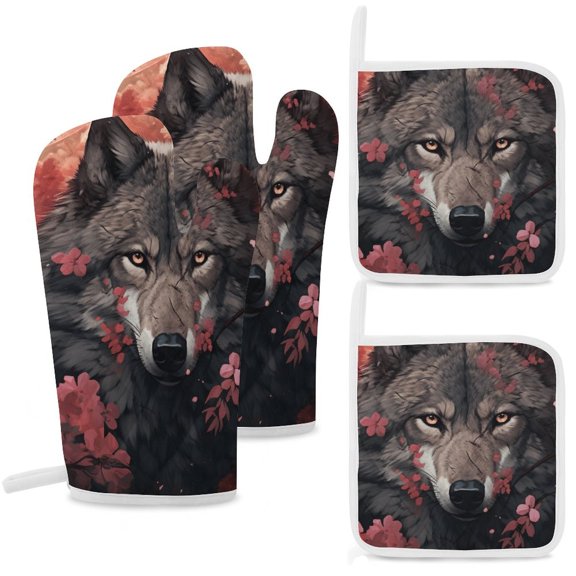 Funny Glasses Wolf Oven Mitt And Pot Holder Set Oven Glove for Kitchen Baking Cooking Grilling